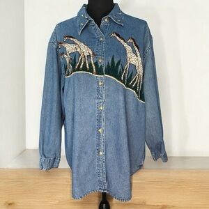 Women’s Denim Giraffe Shirt Button Up Jean Long Sleeve Y2K VTG Sara Studio Sz Xl